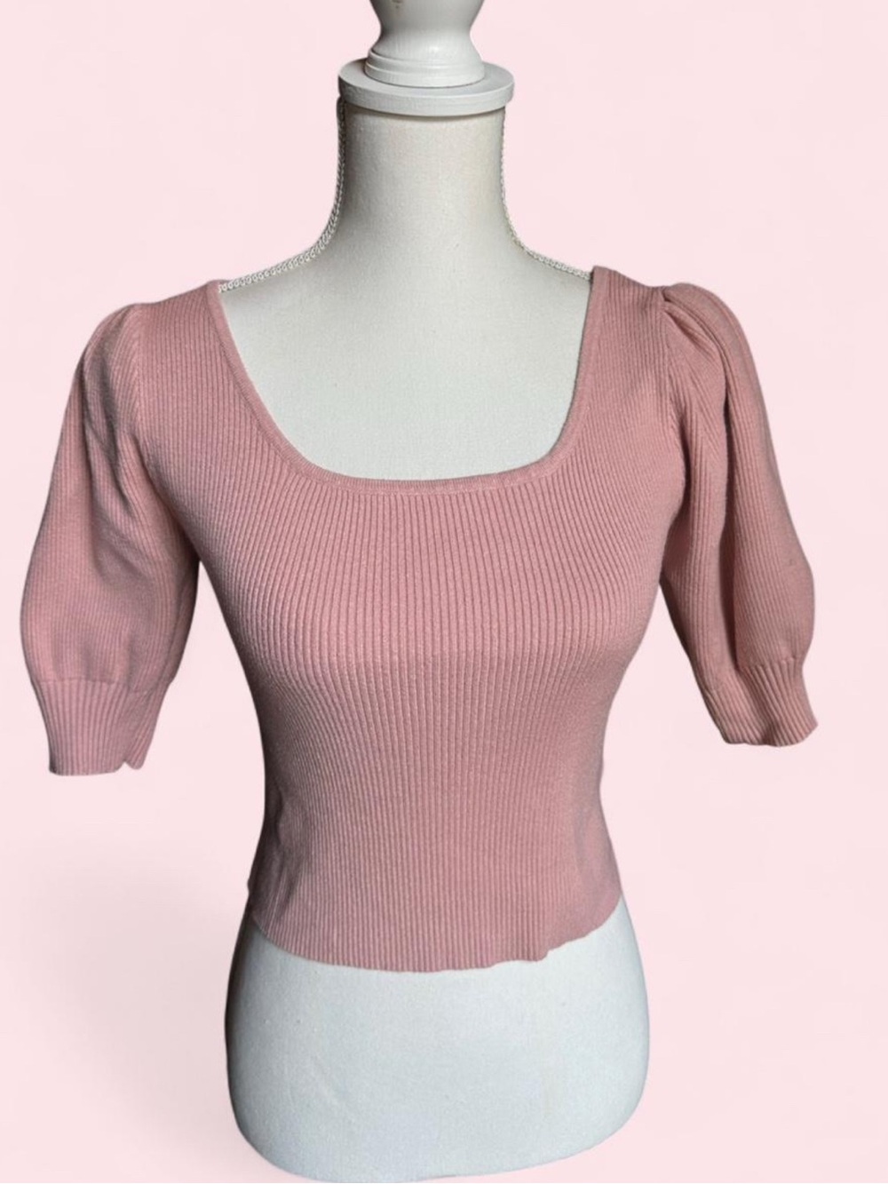 Women’s Square Neck Puff Sleeve Knit Top - Pink